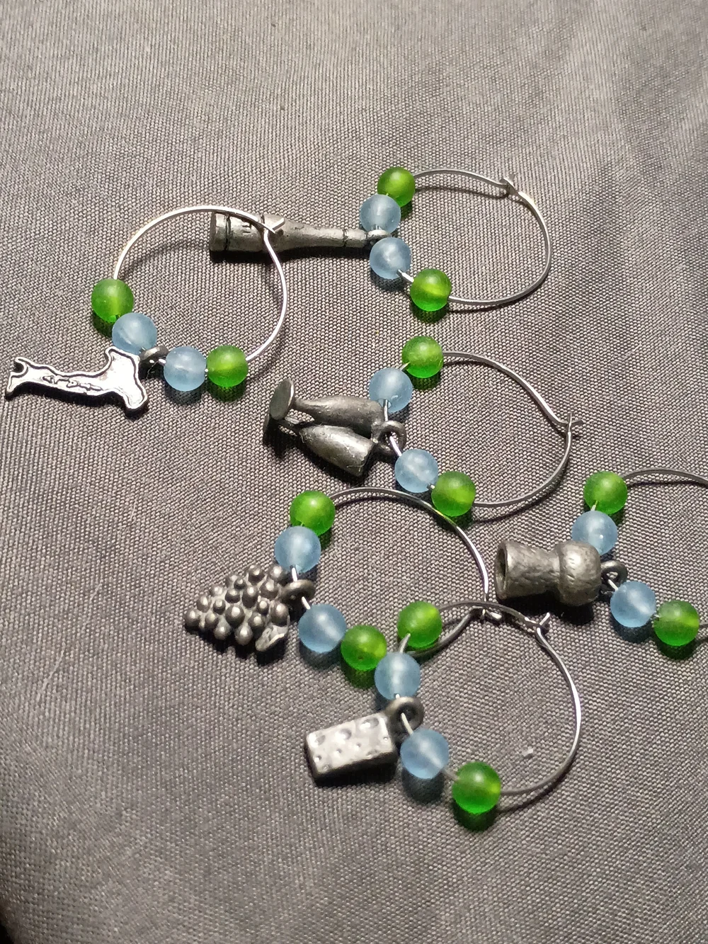 Silver Hoop Wine Glass Charms with Green and Light Blue Beads